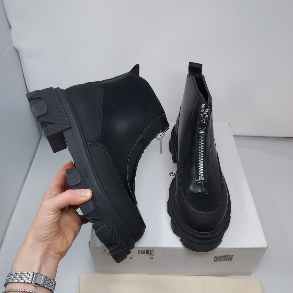 GANNI Zip  Black Polido Lug Sole Boot